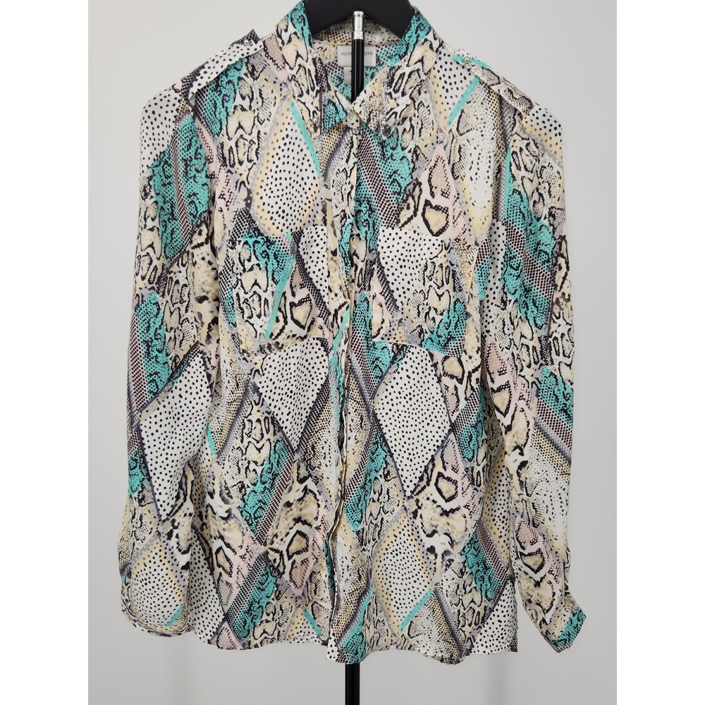 Jaclyn Smith Womens Small Snakeskin Polka Dot Button Down Blouse Teal Cream